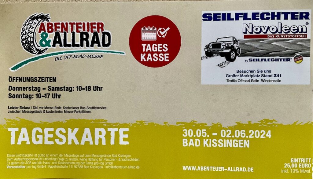 Fronte del biglietto di ingresso della fiera Abenteuer & Allrad di Bad Kissingen, in Germania